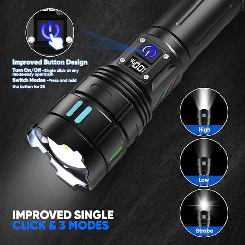 Gosdas Rechargeable Flashlights High Lumens 100000 Long Distance, Single Click 3 Modes, Super Bright LED Flashlight USB C Long Lasting 15H, Powerful Strong Flash Light for Security Hiking Camping - Thumbnail 3