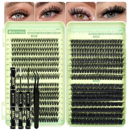 KEYYOU 584 Pcs Lash Clusters Kit 60/80/100/200D MIX 10-18mm D Curl Fluffy Wispy Individual Lashes Thin Band with Bond and Seal, Applicators – Professional Lash Extension Kit - Image 1