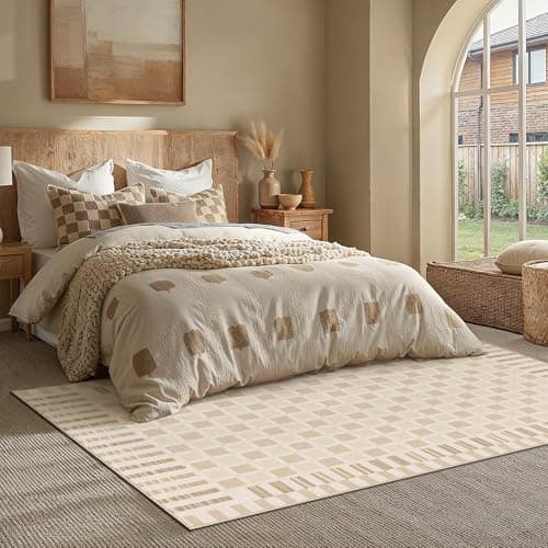 PureCozy Beige 8x10 Area Rug for Living Room Neutral Machine Washable Large Checkered Rugs Non-Slip Stain Resistant Low Pile Boho Accent Indoor Office Throw Carpet for Bedroom Playroom Nursery - Thumbnail 3