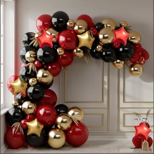 Red Gold Black Balloon Garland Arch Kit, 160Pcs Black Red Gold Latex Balloons with Star Foil Balloons for Anniversary Casino Night New Years Hollywood Movie Night Birthday Party Decorations - Thumbnail 3