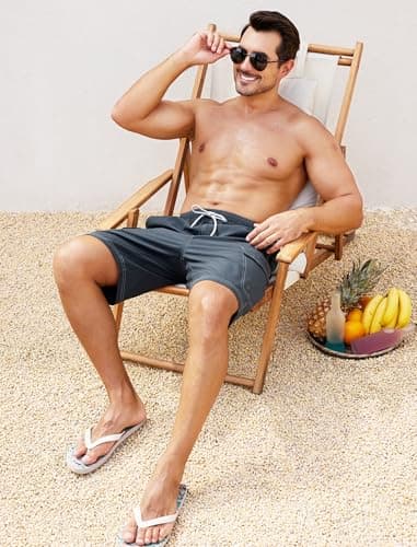SILKWORLD Swim Trunks for Men Compression Lined Swimming Trunk 9" Bathing Suits Beach Shorts with Cargo Pockets, Charcoal Gray, Small - Thumbnail 3