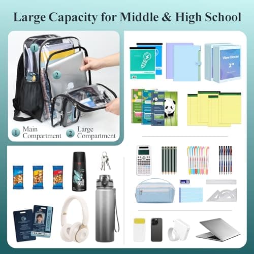 PACKISM Clear Backpack with Small Insulated Lunch Bag and Ice Pack - 18 Inch Extra Large Heavy Duty Bookbag with 3 Front Pockets, See Through PVC Transparent Backpacks for School, Black (Age 12+) - Thumbnail 4