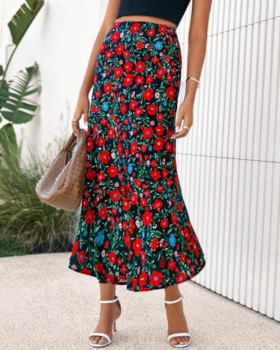BTFBM Satin Skirts for Women Trendy Summer 2025 High Waisted A-Line Leopard Print Cocktail Wedding Long Silk Midi Skirt(Floral Black Red, Large) - Thumbnail 5