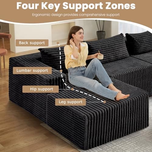 PATAVOT 104 Inch Cloud Couch Sectional,Corduroy Boneless Couches for Living Room,L-Shaped Modular Sectional Sofa with Removable Ottoman and Deep Seat,No Assembly Required,Black - Thumbnail 5