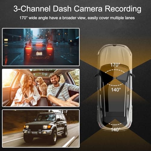 Dash Cam Front Rear Inside, 4K Full HD Dash Camera for Cars, Included 64GB Card, Built-in Wi-Fi, 3” IPS Screen, Night Vision, 170°Wide Angle,Loop Recording, APP Control (3Channel Dashcam+64G) - Thumbnail 4
