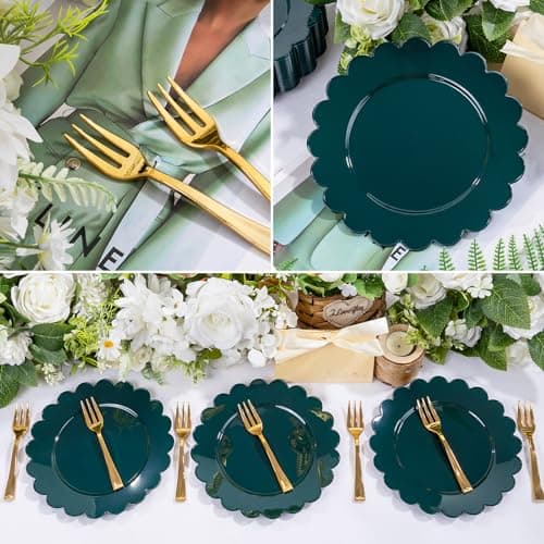 LIYH 200 Pcs Dark Green Dessert Plates - Disposable Cake Plates with Gold Forks, Gold Dessert Forks 5", Plastic Cake Plate 7.5" for Holiday Party - Thumbnail 4