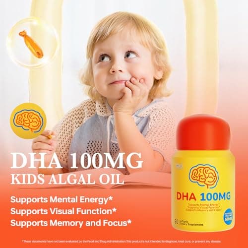 HUJ DHA 100mg - Kids DHA Supplemnent - Algal Oil - Contain DHA, Phosphatidyserine & GABA - Supports Mental Energy，Visual Function，Memory and Focus* - 60 Softgels - Thumbnail 3