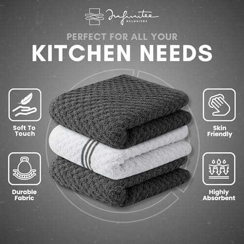 Infinitee Xclusives Premium Kitchen Towels – Pack of 3, 100% Cotton |15 x 25| Inches Absorbent Dish Towels - Terry Kitchen Dishcloth Towels - Grey Dish Cloth for Household Cleaning - Thumbnail 5