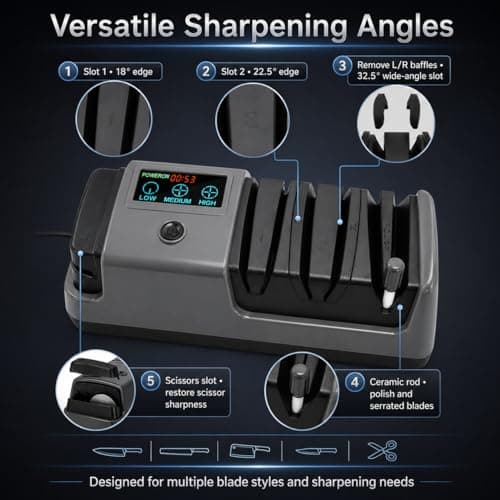 Electric Knife Sharpener for Knives, Scissors, Axes, 5-in-1 Multi-Function Sharpener with Adjustable Speed, 3-Stage Diamond Grinding, Ceramic Polishing Rod, LCD Display - Thumbnail 5