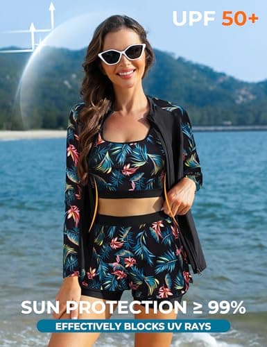 Women's Swim Shirt with Supportive Built-in Bra Tummy Control High-Rise Swim Shorts Printed Swim Suit Traje De Baño Mujer Blue Leaves S - Thumbnail 2