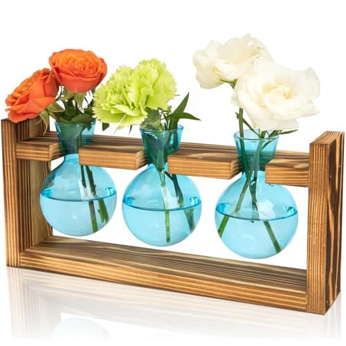 XXXFLOWER Propagation Station with Wooden Stand, 3 Bulb Glass Vase Plant Terrarium for Hydroponics Home Office Indoor Decor,Plant Gift for Mom Women Wife Friend Plant Lovers (Blue) - Image 1