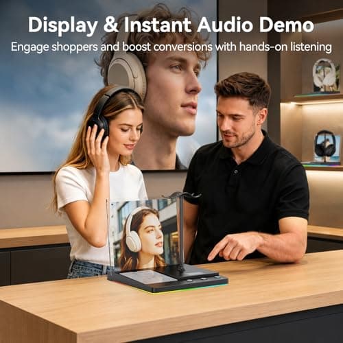 1Mii Bluetooth Headphone Stand for Audio/Music Demo, RGB Lighting, TF/USB/AUX Inputs, Dual Headset Display with USB-C Charging Port, Acrylic Sign Holder for Store, Retail, Trade Show & Exhibition - Thumbnail 2