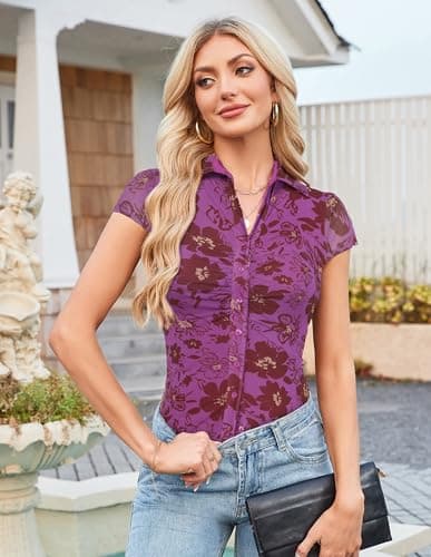 GRACE KARIN Women Mesh Boho Tops Dressy Casual Floral Short Sleeve Button Down Blouse Collared Outfit Purple Floral XL - Thumbnail 2