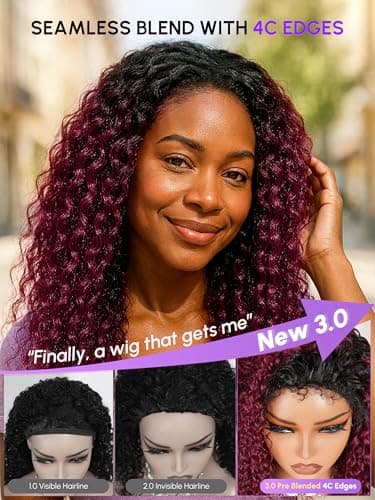 shangyinfa T1B/99J Water Wave Half Wig Human Hair | Drawstring Flip Over 3-In-1 Wig | Secure Fit with 4C Edges | Beginner Friendly | Slay 3B/3C Curls At The Gym | No Slip, No Glue | 22 Inch - Thumbnail 2