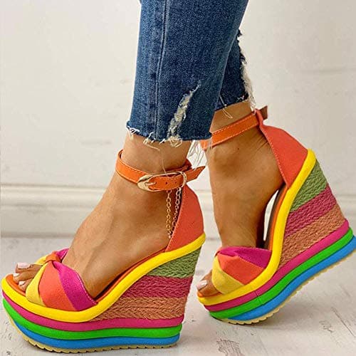 SaraIris Sandals for Women Gladiator Ankle Strap High Heel Platform Shoes Wedge Rainbow Sandals for Women Orange - Thumbnail 3
