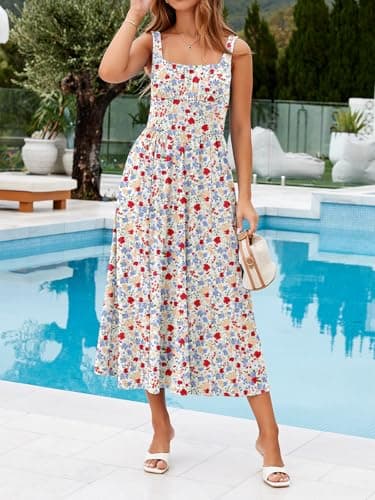 YIOYOLA Sundresses for Women 2026 Casual Dress for Women with Pockets High Waist Square Neck Midi Red Blue Floral Vacation Dresses(YYL645-Blue Red F 01,XL) - Thumbnail 3