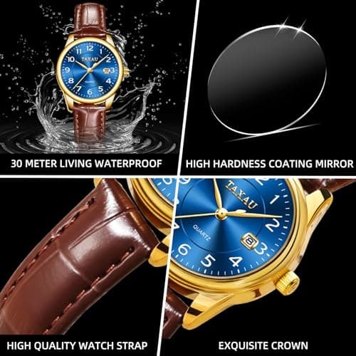 Taxau Watches for Women Blue Face Leather Small Wrist Watch Luxury Analog Lady Watch with Date Large Arabic Numbers Water Resistant Casual Fashion Elegant Brown Watches Reloj para Mujer - Thumbnail 4