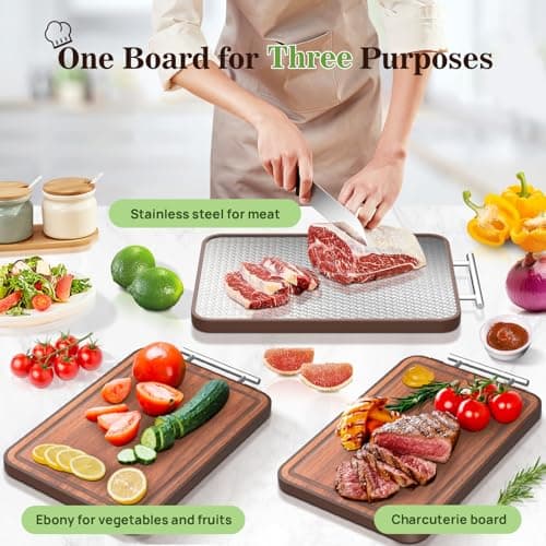 Stainless Steel Cutting Board Wood Double Sided Chopping Cutting Boards for Kitchen - 2 in 1 Ebony Metal with Handle Scratch Resistant Raw Meat Vegetable Fruit Cooking Gift 17.7''×11.6''×1''(Upgraded) - Thumbnail 5