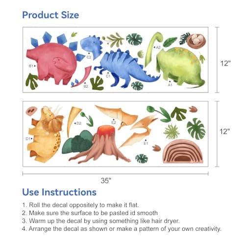 Dinosaurs Wall Decals Stickers, Dino Playroom Decor Neutral for Kids, Nursery Baby Room Home Decorations Girls Boys Bedroom Classroom Daycare Art - Thumbnail 2