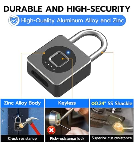 eLinkSmart Fingerprint Gym Locker Lock, Keyless Biometric Padlock, Weatherproof Electronic Digital Smart Combination Pad Lock for Outdoor Fence Gate Storage Helmet Ski Pool Shed (Black, with Cable) - Thumbnail 5
