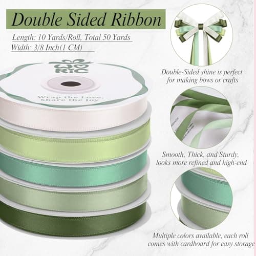 woric Double Faced Green Satin Ribbon 3/8 Inch x 5 Rolls Total 50 Yards Sage Green Wedding Ribbon Floral Bouquet Ribbons for Crafts Cake Bows Graduation Leis Class of 2026 - Thumbnail 3