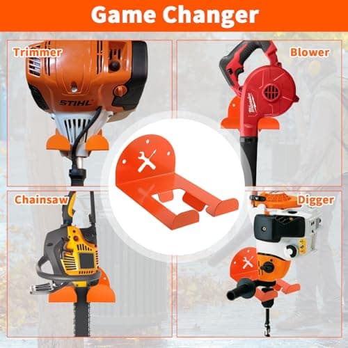 Upgraded Trimmer Rack Wall Mount - 8" Heavy Duty Weed Eater Hanger for Garage Wall, Garden Power Tool Holder Organizer Hooks for Grass Trimmer, Hedge Trimmer, Leaf Blower and Chainsaw, Orange, 1 Pack - Thumbnail 2