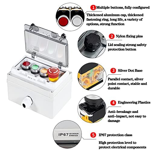 Emergency Stop Push Button Box IP67 22mm Momentary Red Green Yellow E-Stop 1NO 1NC 12V-380V with Cover - Thumbnail 3