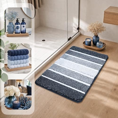 COSY HOMEER Bathroom Rugs 24"x17", Ultra Soft Absorbent Bath Mat with Non-Slip TPR Backing, Machine Washable Shaggy Rug for Bathroom Floor, Dark Blue & White - Thumbnail 3