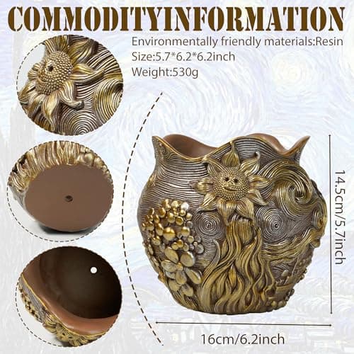 ArtCachet Sunflower Starry Sky Plant Pots-Cute Unique Flower Pots with Drainage Hole, Resin Planters for Indoor Outdoor Succulent Planter, Plant Gifts for Mother's Day, Birthday, Christmas (Gold) - Thumbnail 4