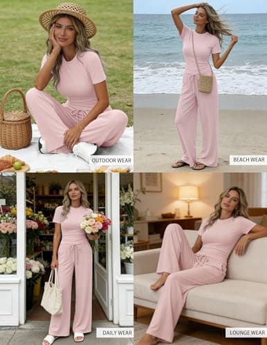 Flevita Womens 2 Pcs Sets Summer Travel Outfits T-shirts and 31" Wide Leg Pants Comfortable Airport Lounge Wear Set with Pockets Pink M - Thumbnail 3