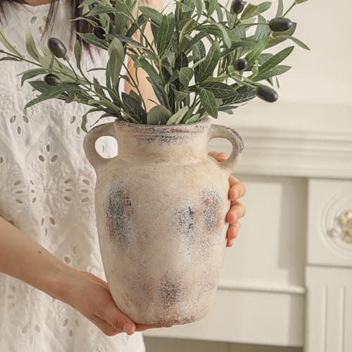 Farmhouse Ceramic Vase with Handle,9.7 inch Handcrafted Vintage Terracotta Pottery Vases for Shelf Decor, Coffee Table Styling, or Bedroom Accent - Thumbnail 5