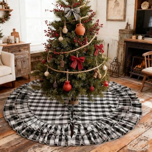 Black and White Buffalo Plaid Christmas Tree Skirt with Ruffles, Christmas Gingham Tree Skirt Farmhouse Style 48 Inches, Rustic Winter Xmas Holiday Tree Decorations for Easter Party - Thumbnail 5