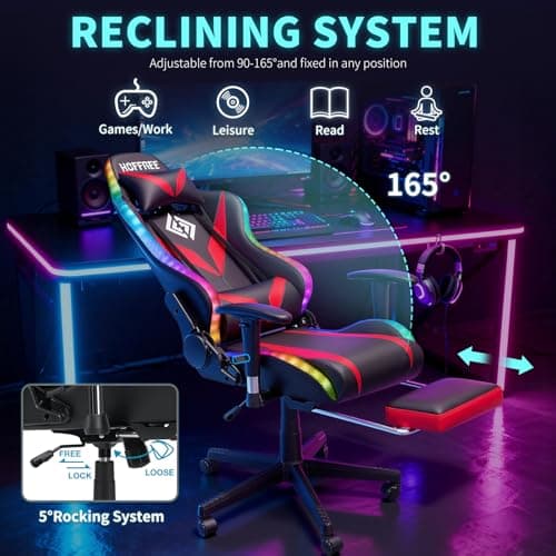 Led Gaming Chair with Speakers Massage 165° Reclining Computer Chairs-Red - Thumbnail 6