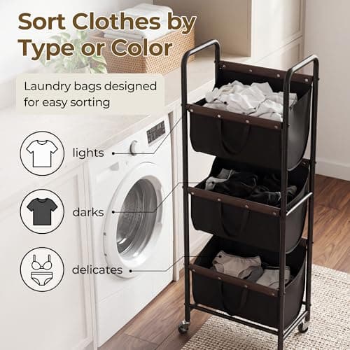 GRANNY SAYS 3 Tier Laundry Sorter, Laundry Basket with Wheels, Laundry Room Organization and Storage, 3 Section Rolling Laundry Cart for Dorm, Bathroom, Bedroom, Closet, Black - Thumbnail 3