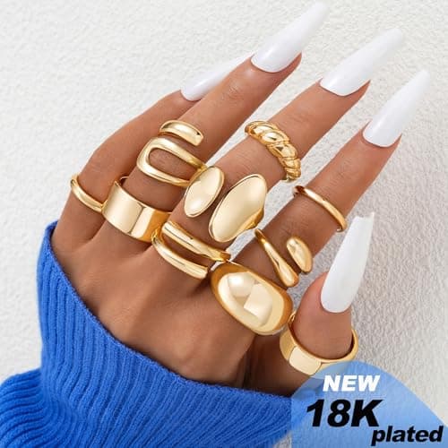 ÌF ME 10 PCS Gold Rings Set for Women Non Tarnish, 18K Gold Plated Chunky Stackable Rings, Statement Stacking Womens Ring Pack - Thumbnail 2