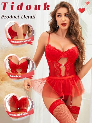 Tidouk Lingerie for Women Sexy Lace Lingerie Bodysuit Garter Lingerie Set with Detachable Mesh Mini Skirt(Red,X-Large) - Thumbnail 4