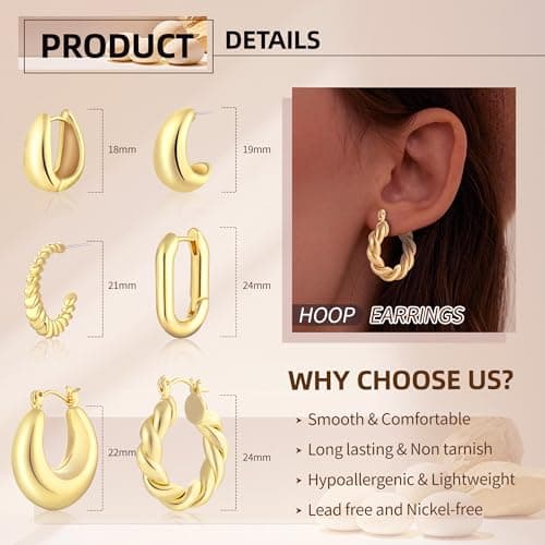 6 Pairs 14K Gold Plated Hoop Earrings for Women Lightweight Chunky Hoop Earrings Multipack Hypoallergenic, Thick Open Twisted Huggie Hoops Earring Set Jewelry for Gifts. (Gold) - Thumbnail 5