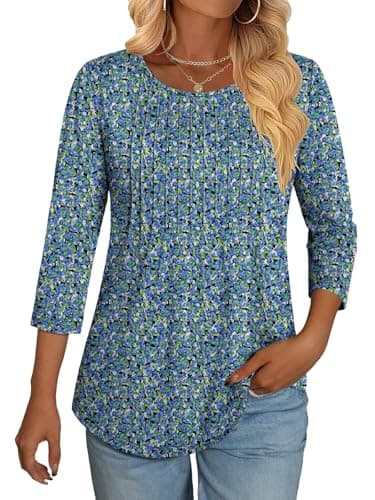 NORACORA 3/4 Length Sleeve Womens Tops Crew Neck Loose Fit Shirts Pleated Cute Clothes Dressy Casual 2026 Summer Tunics Blue Floral XL - Image 1