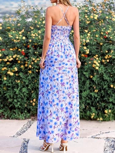 BTFBM Summer Dresses for Women 2026 Spring Floral Spaghetti Strap Smocked Cutout Maxi Dress Resort Beach Vacation Outfit(Floral Blue, Medium) - Thumbnail 3