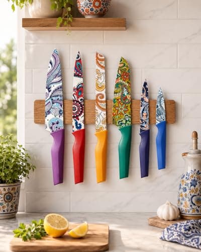 Astercook Paisley Pattern Knife Set with Cover, Dishwasher Safe Colorful Knives with 6 Knife Sheath, German Stainless Steel Rainbow Knife Set - Thumbnail 6