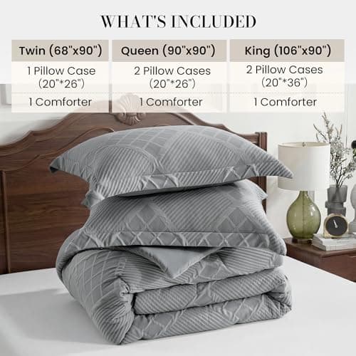 Amélie Home Twin Comforter Set, 2 Piece Grey Jacquard Bedding Set with 1 Pillow case, Soft Microfiber Diamond Design, Lightweight All-Season for Bedroom & Dorm - Thumbnail 6