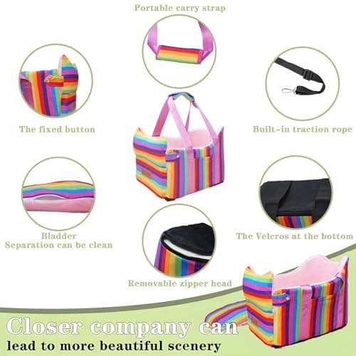 Cullaby Console Dog Car Seat for Small Dogs - Anti-Collapse Center Console Armrest Booster Seat, Sturdy Pet Travel Seat with Safety Tether, Cozy Washable Cushion, Puppy Up to 15lbs (Colorful Stripes) - Thumbnail 5