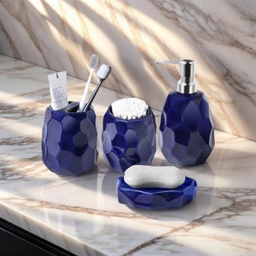 Ceramic Bathroom Accessories Set 4 PCS,Bathroom Toothbrush Holder Set,Soap and Toothbrush Holder Set,Include Toothbrush Holder,Soap Dispenser,Tumbler,Soap Dish,Bathroom Sets Decor Organizer(Navy Blue) - Thumbnail 5