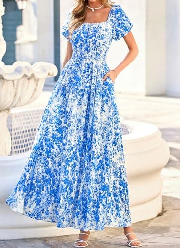 BTFBM Summer Dress for Women 2026 Spring Floral Short Sleeve Casual Flowy A-Line Smocked Tiered Maxi Dresses Pockets(Leaf Blue, Large) - Thumbnail 4