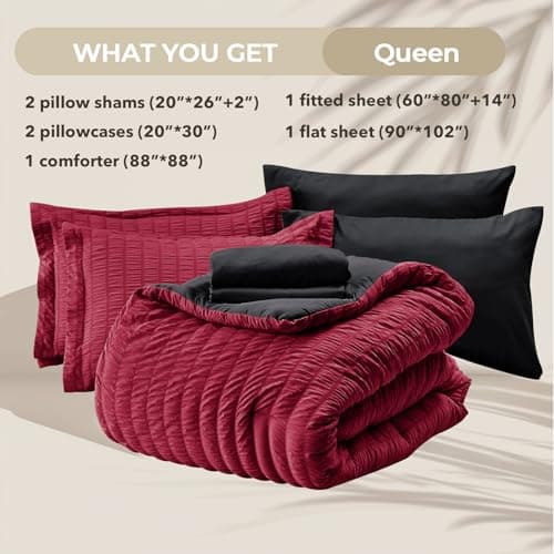 HYMOKEGE Red & Black Queen Comforter Set Seersucker 7 Pieces, All Season Luxury Bed in a Bag for Bedroom, Bedding Set with Comforters, Sheets, Pillowcases & Shams - Thumbnail 6
