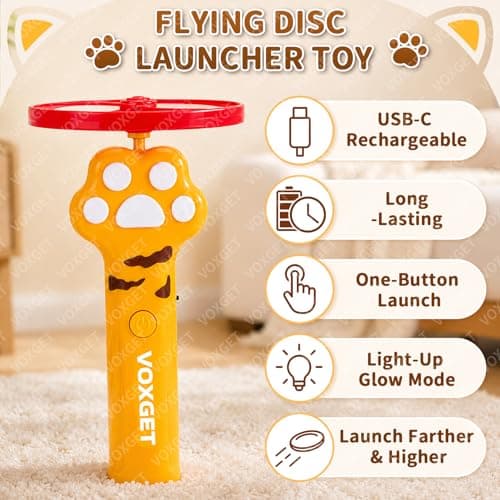 VOXGET Interactive Cat Flying Disc Launcher Toy, Rechargeable Disc Launcher with 8 Flying Discs, Enrichment Fetch Toys for Indoor Bored Kitten Adult Cats Hunting, Chase Toy for Dog Active Play(Yellow) - Thumbnail 2