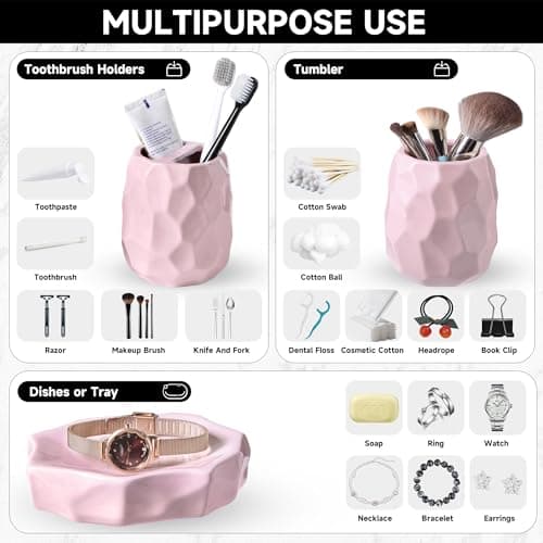 Ceramic Bathroom Accessories Set 4 PCS,Bathroom Toothbrush Holder Set,Soap and Toothbrush Holder Set,Include Toothbrush Holder,Soap Dispenser,Tumbler,Soap Dish,Bathroom Sets Decor Organizer (Pink) - Thumbnail 3