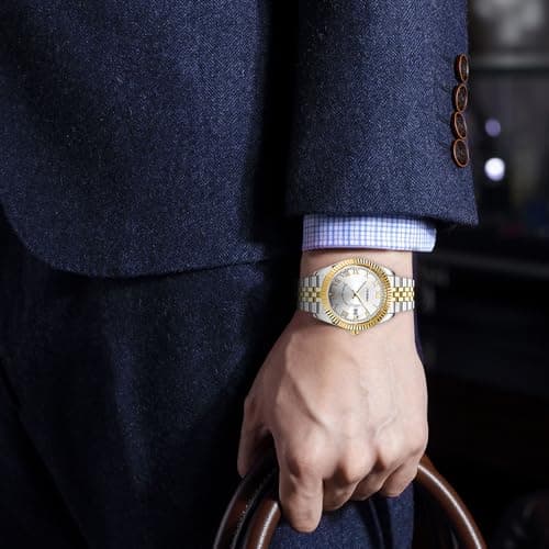 SINOBI Men's Luminous Hand Calendar Date Quartz Watch Classic Stainless Steel Watches for Men (Silver-Gold) - Thumbnail 3