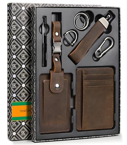 Teskyer Leather Gifts for Men, Premium Leather Gift Set with Slim Wallet, Travel Luggage Tag & Car Keychain, Elegant Gift Box for Father's Day, Birthday, Anniversary, Retirement & Graduation - Coffee - Image 1