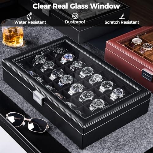 ProCase Watch Box for Men, 24 Slot Display Case with Real Glass Lid and Removable Pillows. Premium Storage Holder Organizer, Gift for Dad & Father's Day & Watch Collectors -AllBlack - Thumbnail 4